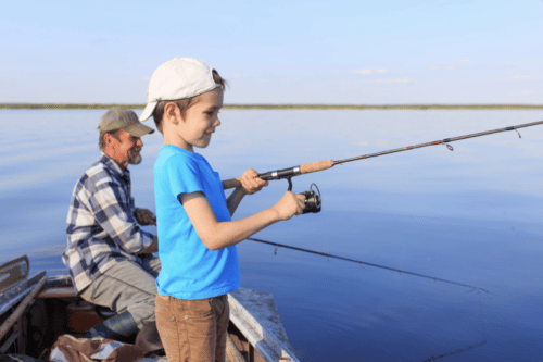 father and son fishing on lake