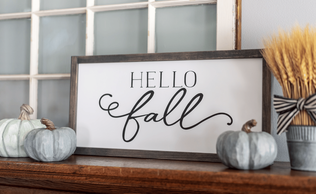 Hello fall sign and neutral colored pumpkins - stylish fall decor